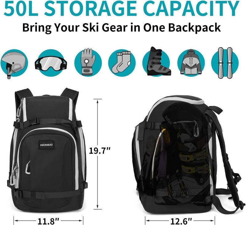 NONSAR Store 50L Ski Boot Bag - Waterproof Snowboard Boot Travel Backpack for Helmet, Googles, Gloves, Skis & Accessories for Men Women - Image 2